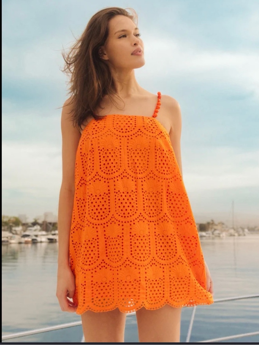Bright Orange Crochet Cover-Up Dress with Spaghetti Straps